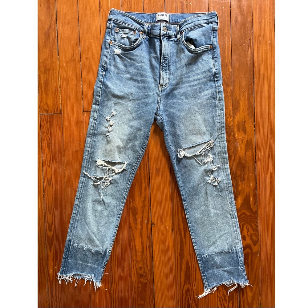 Agolde Distressed Slim Straight High Rise Jeans